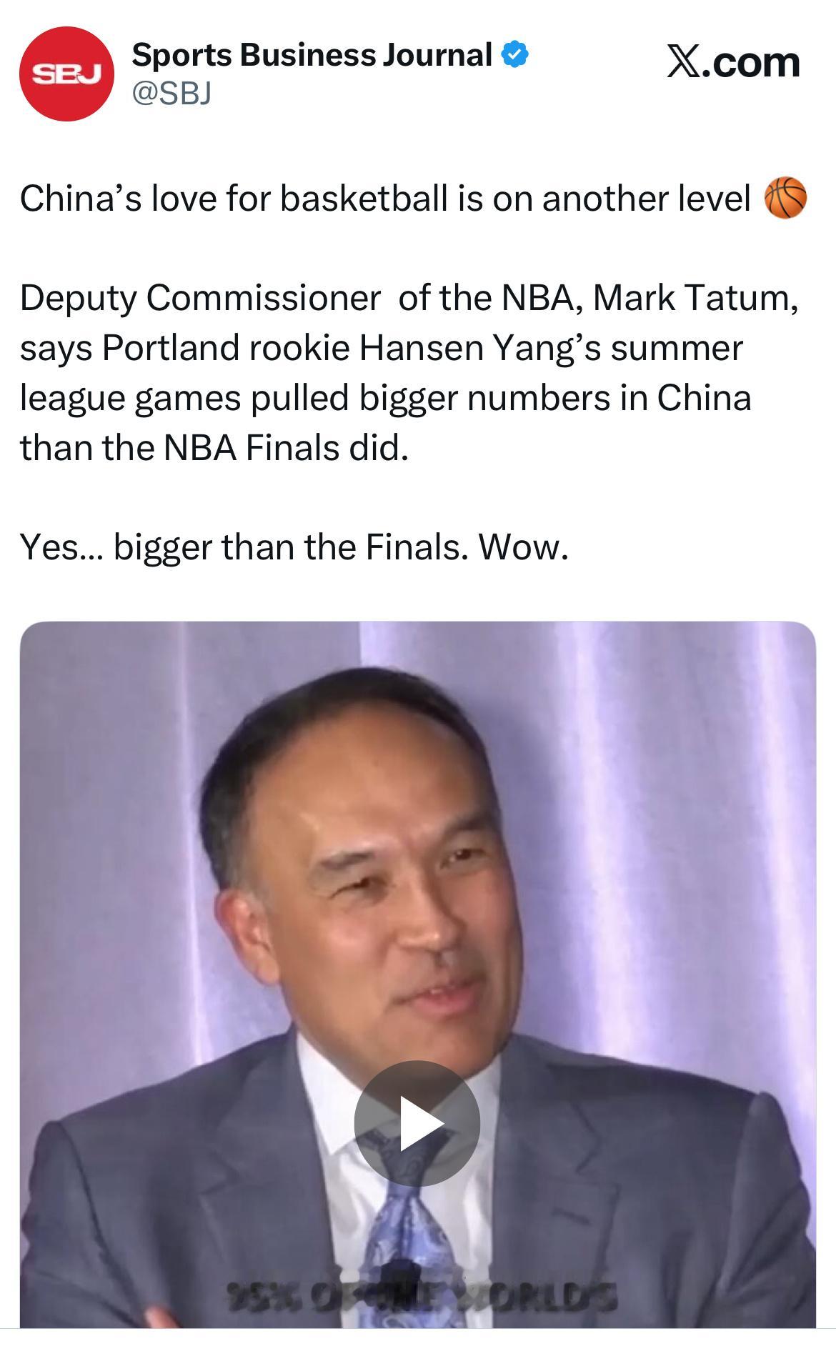 NBA 副总裁马克·塔图姆表示，杨瀚森的夏季联赛比赛在中国吸引的观众人数比 NB