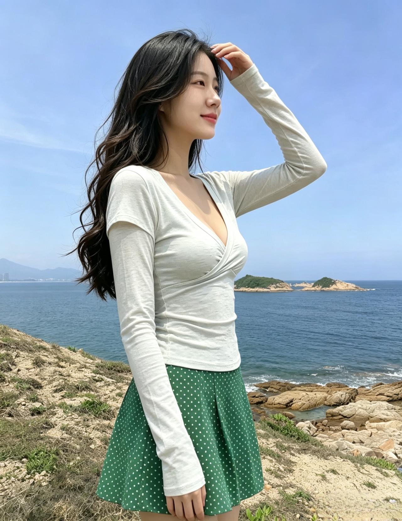 碧海青山倚翠裙，清风漫卷鬓边云。
人间绝色何须画，一笑春光满乾坤。