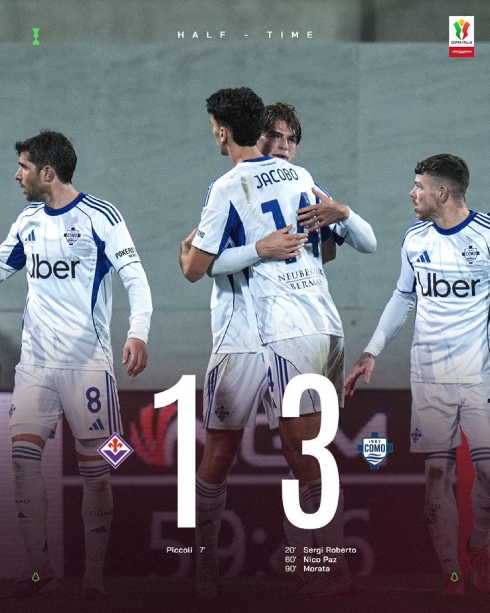 在今天结束的意大利杯比赛中 科莫逆转了佛罗伦萨 晋级了意大利杯8强国际米兰6比2