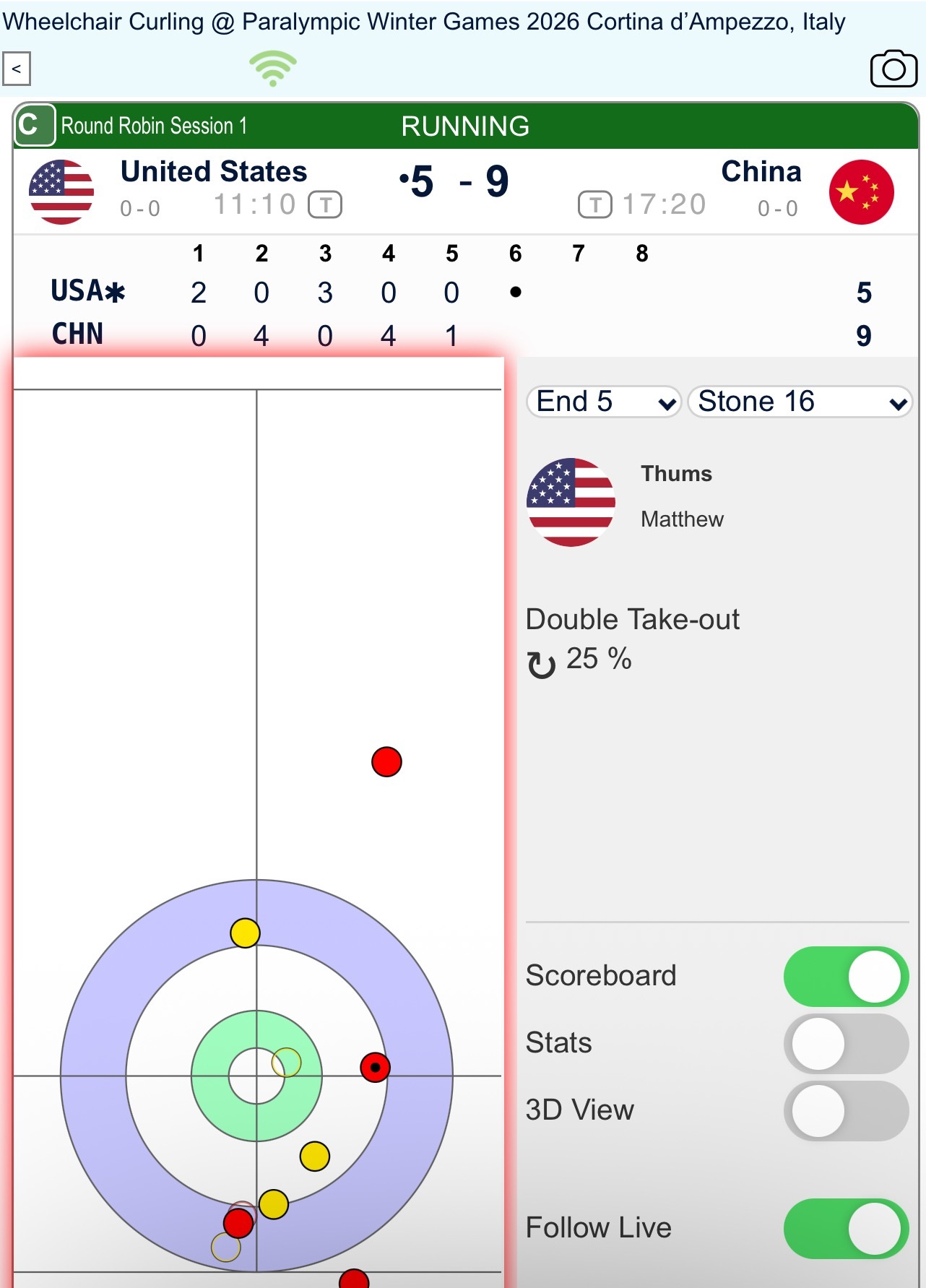 【奥运冰壶】轮椅混团，中国9-5美国，第五局成功偷分 