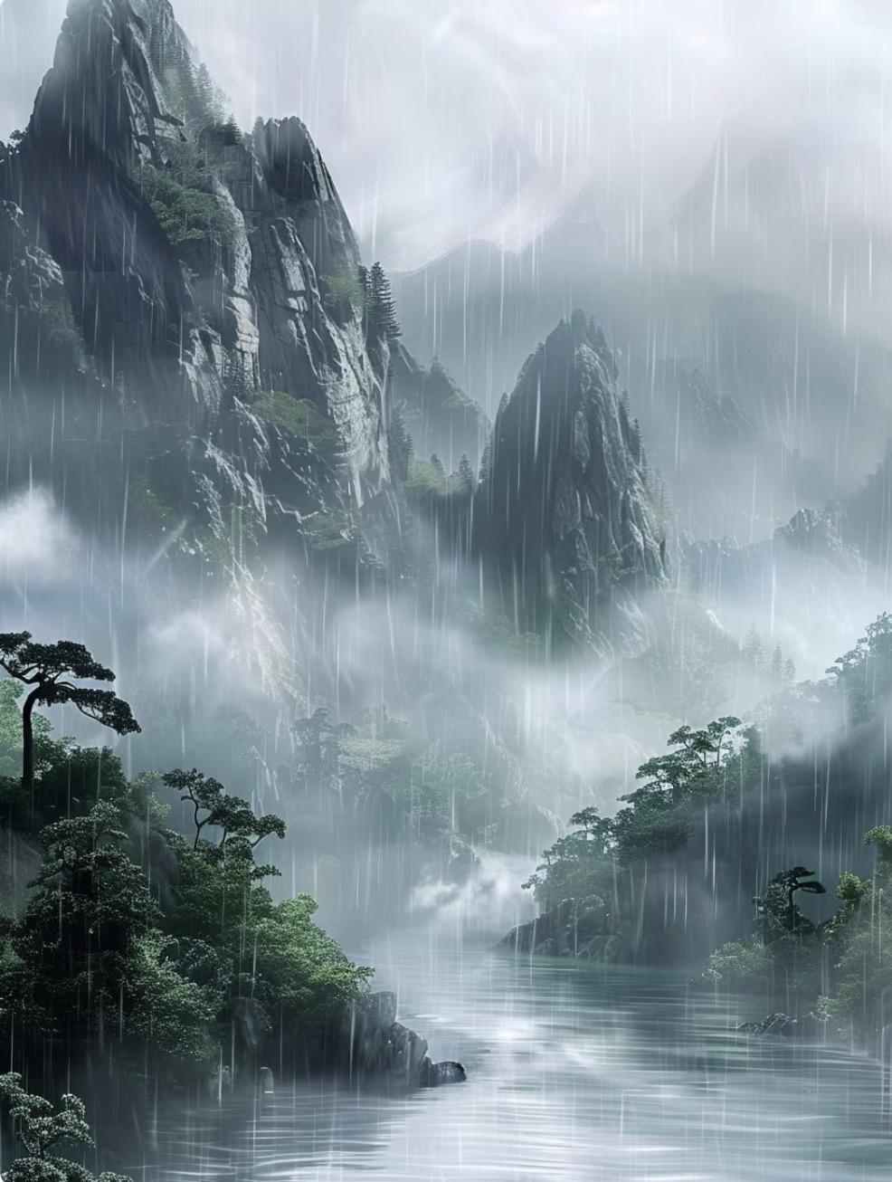 上联：雨下千条线
下联：风弹万古琴