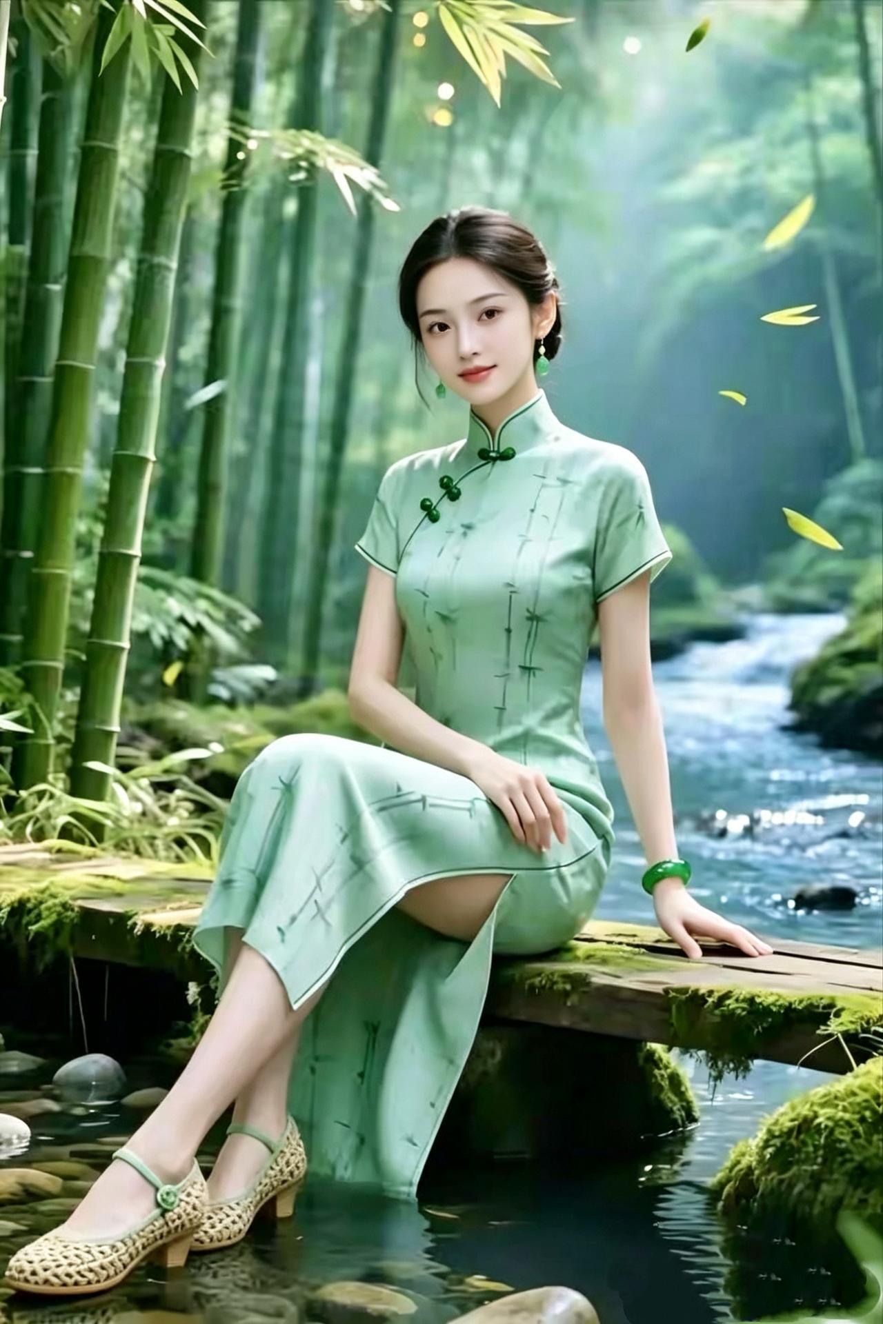 竹溪旗袍
竹涧风轻漾浅纹，
佳人临水坐苔痕。
罗衣染得春山色，
笑靥融开晓雾温。