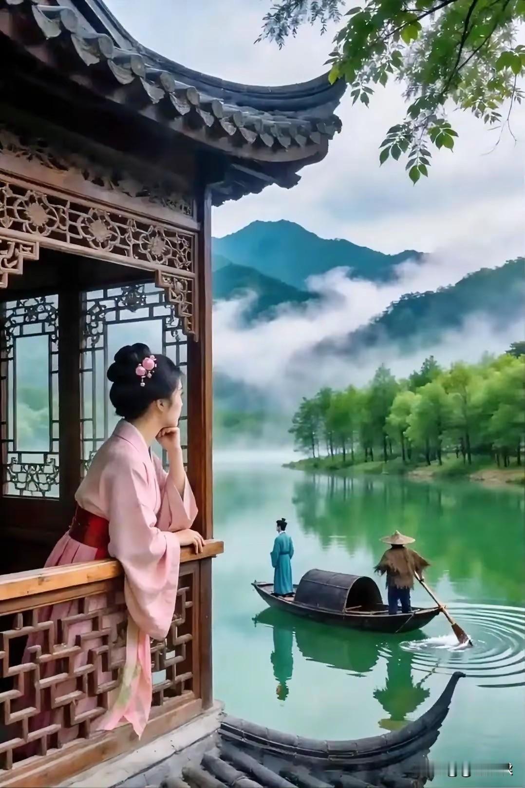凭栏望舟
粉袂凭栏倚画楼，
青山雾锁一江柔。
孤篷载客随波去，
心随郎君荡悠悠。