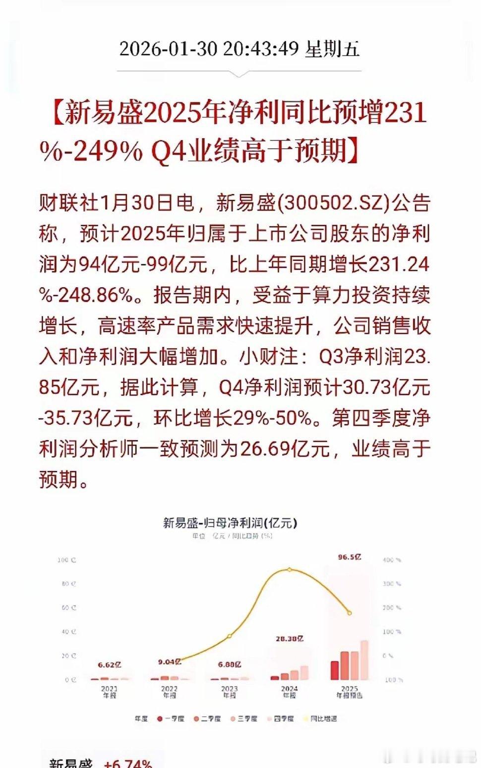 易中天真的太稳了。新易盛今晚的业绩预告超预期，中际旭创超预期今天创历史新高光模块