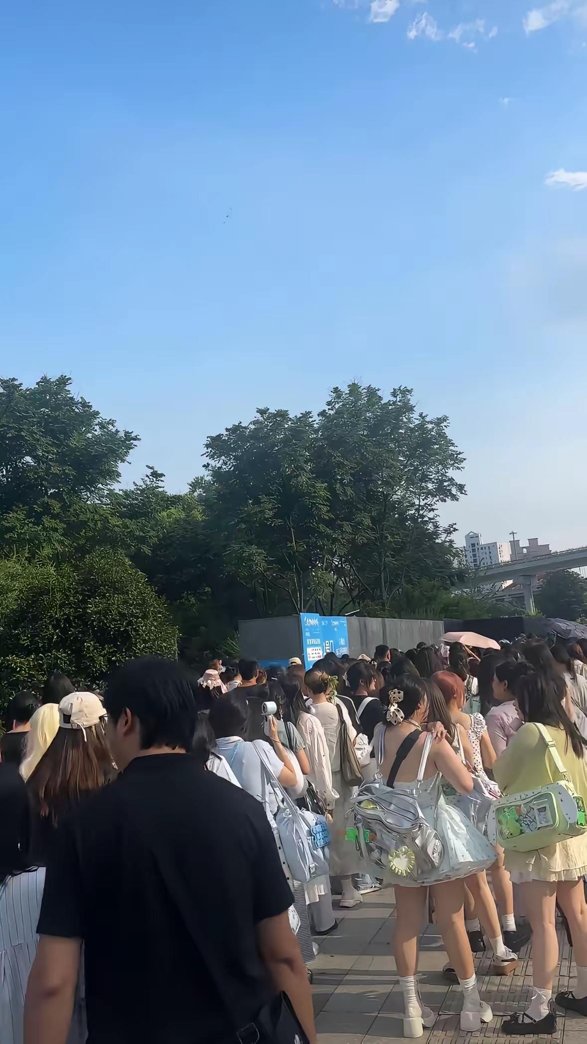 为了看演唱会，这些姑娘顶着烈日在大街上一站就好几个小时。

烈日让她们汗流浃背，