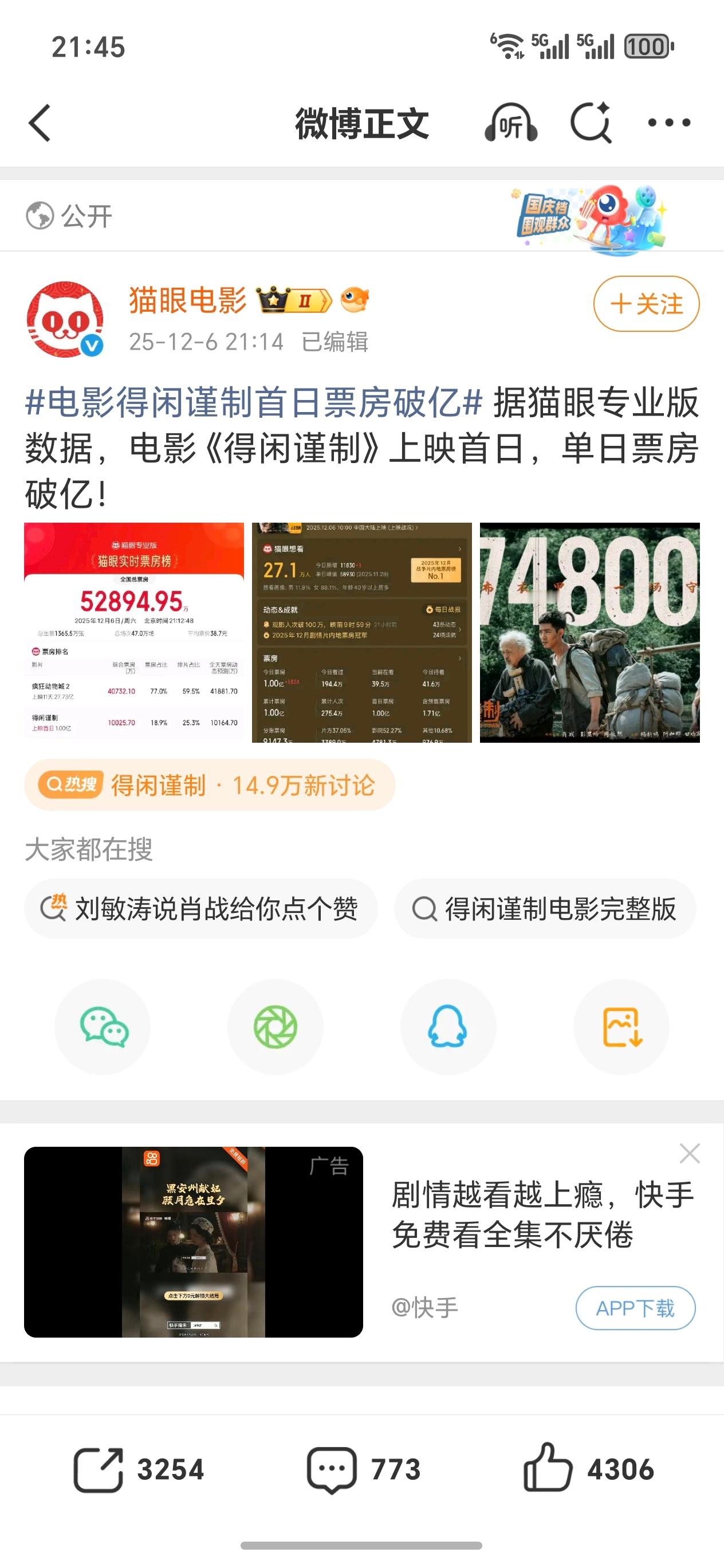 电影得闲谨制首日票房破亿恭喜恭喜🎉首日票房破亿，我看预测也在涨 