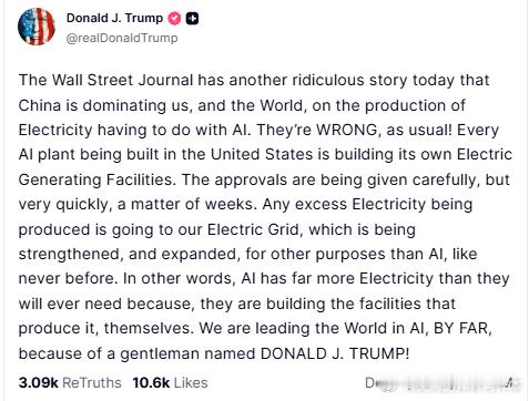 【黄金时代】川普称，美国拥有足够的能源深耕AI《华尔街日报》今天又发表了一篇荒谬