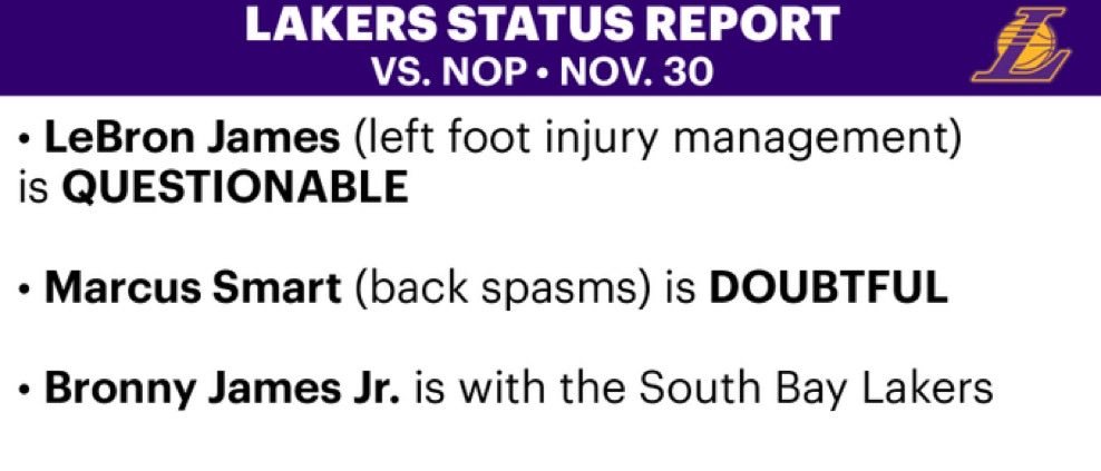 湖人明天主场对阵鹈鹕伤病报告：詹姆斯和斯玛特出战成疑，布朗尼下放到发展联盟洛杉矶