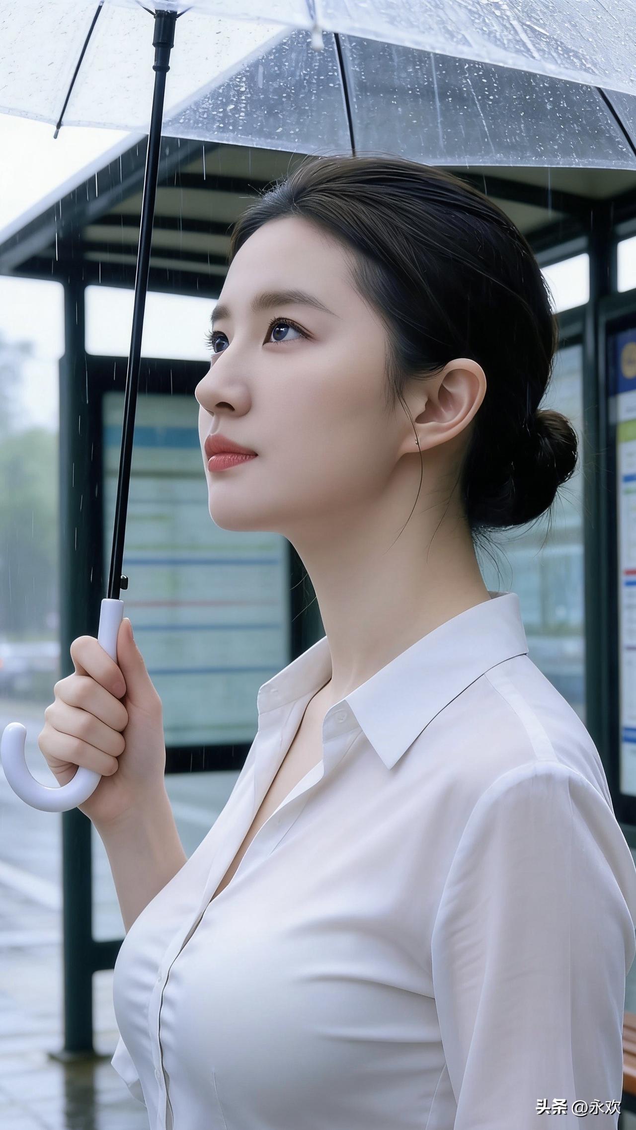 透明伞面凝着细密的雨珠，她站在公交站台旁，目光穿过雨雾望向远方。白衬衫被潮气晕出