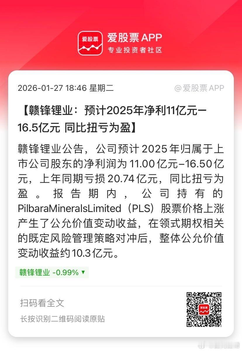 【赣锋锂业：预计2025年净利11亿元–16.5亿元 同比扭亏为盈】赣锋锂业公告
