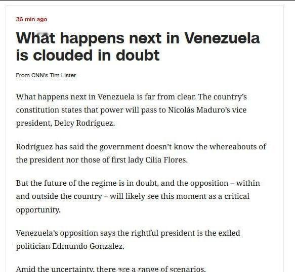 CNN预测美军袭击后委内瑞拉局势的三种可能发展方向：

▪️宪政过渡：权力移交给