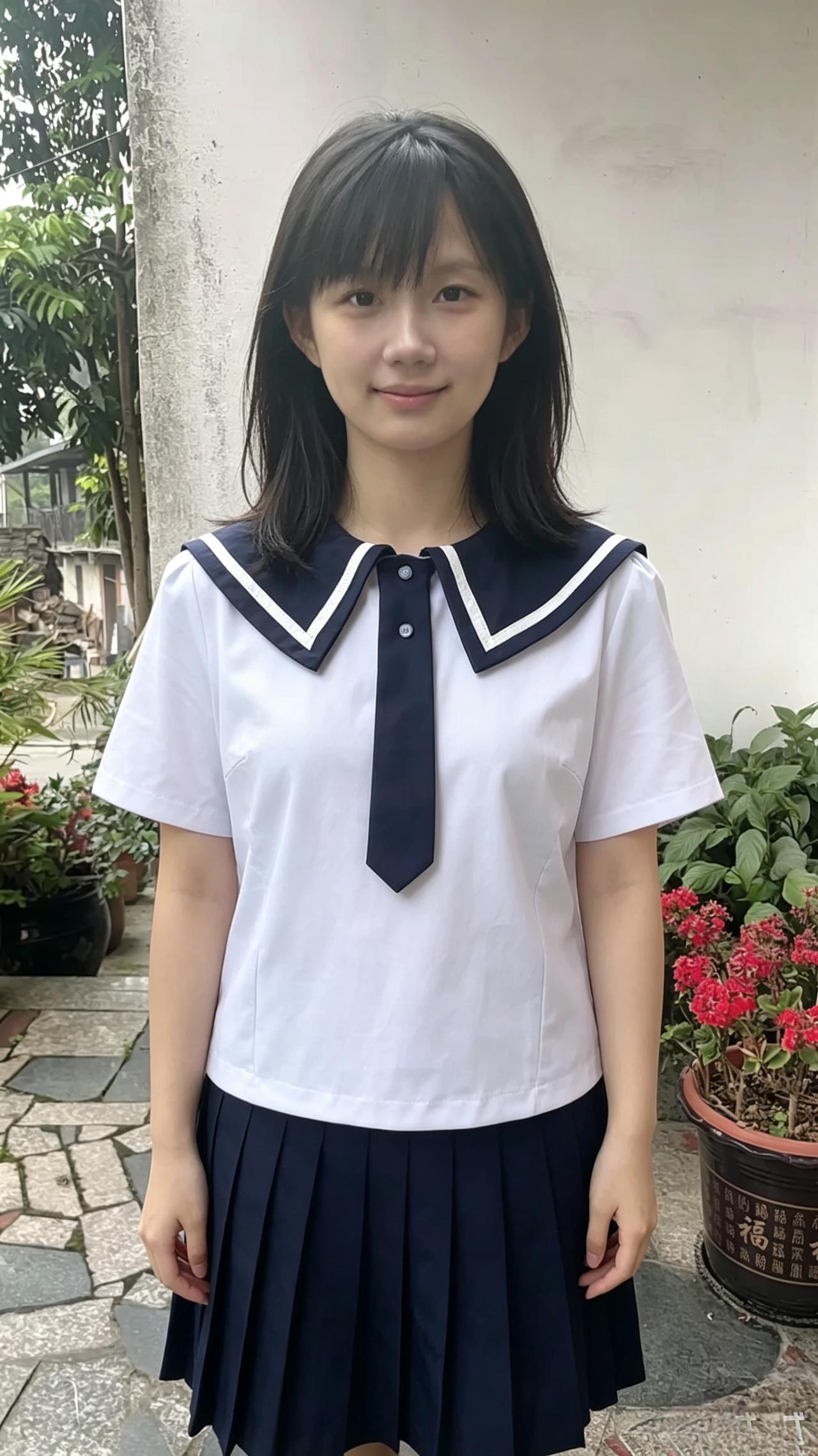 青领深蓝百褶裙，亭亭恍若玉兰芬。
林间静立嫣然笑，占尽校园秋复春。