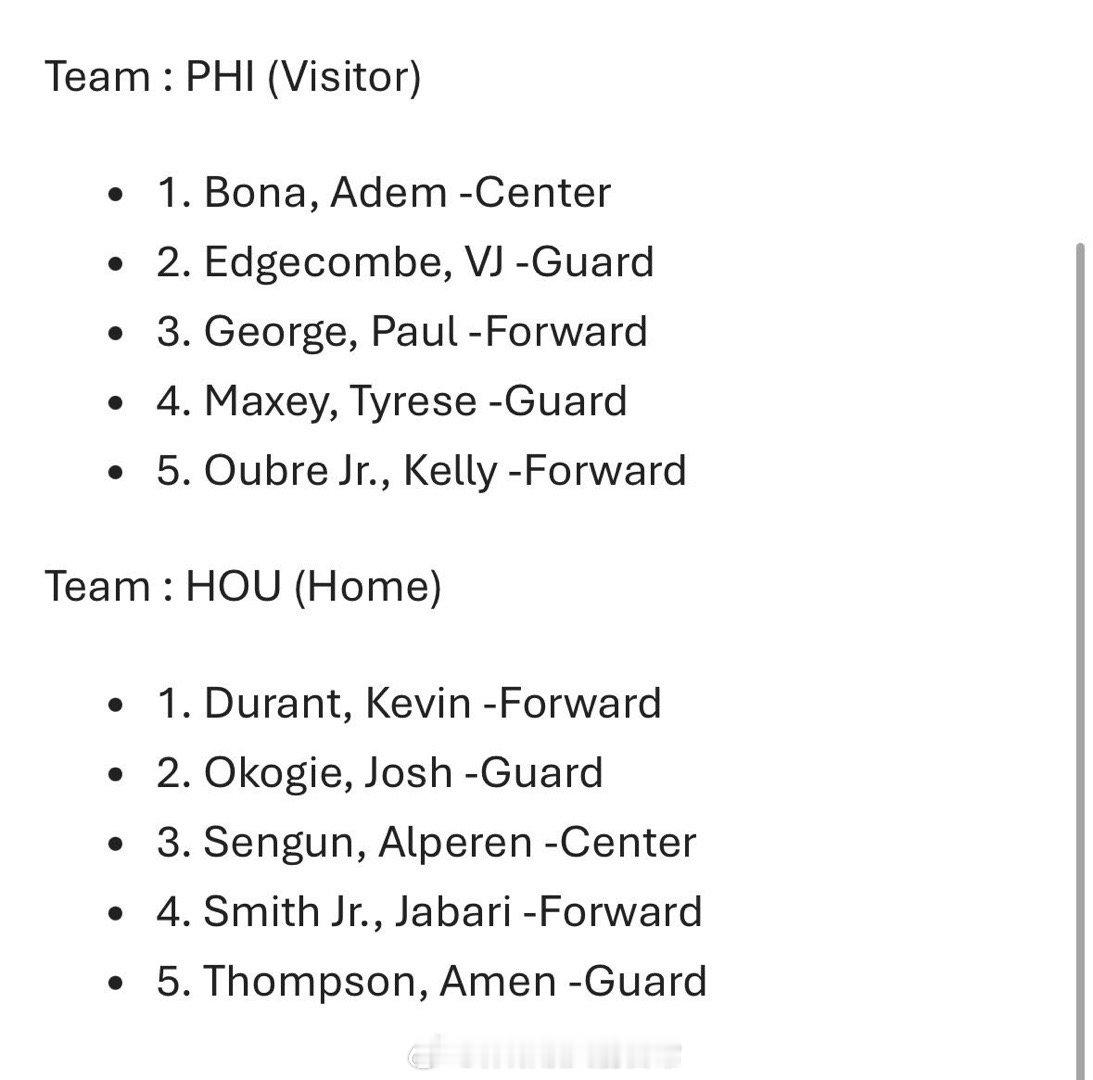 火箭今天奥科吉首发，配阿门、杜兰特、小贾、申京76人首发：马克西、VJ、乌布雷、
