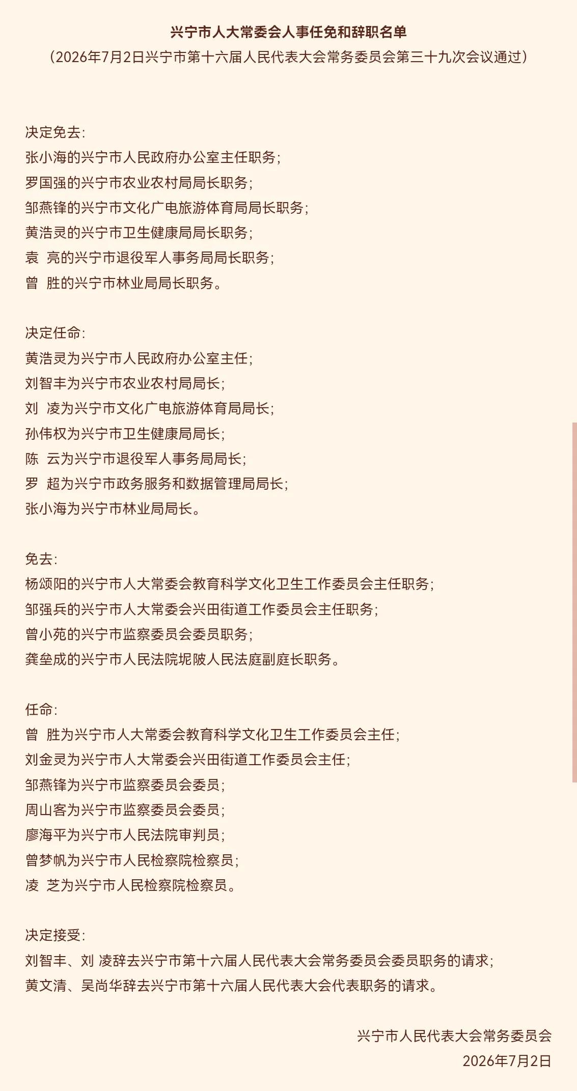 兴宁市人事新动态来了

7月2日，在兴宁市人大常委会主任邓强主持召开的第十六届人