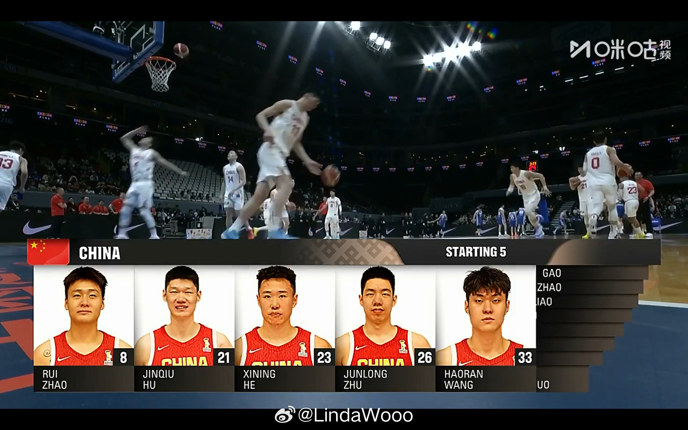 先发不变赵睿、胡金秋、贺希宁、朱俊龙、王浩然（首次代表国家队比赛就连续两场比赛都