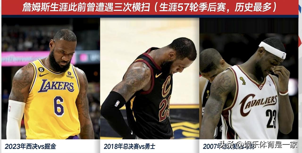 随着雷霆115：110淘汰湖人，詹姆斯生涯此前曾遭遇三次横扫，现在是第四次
（生