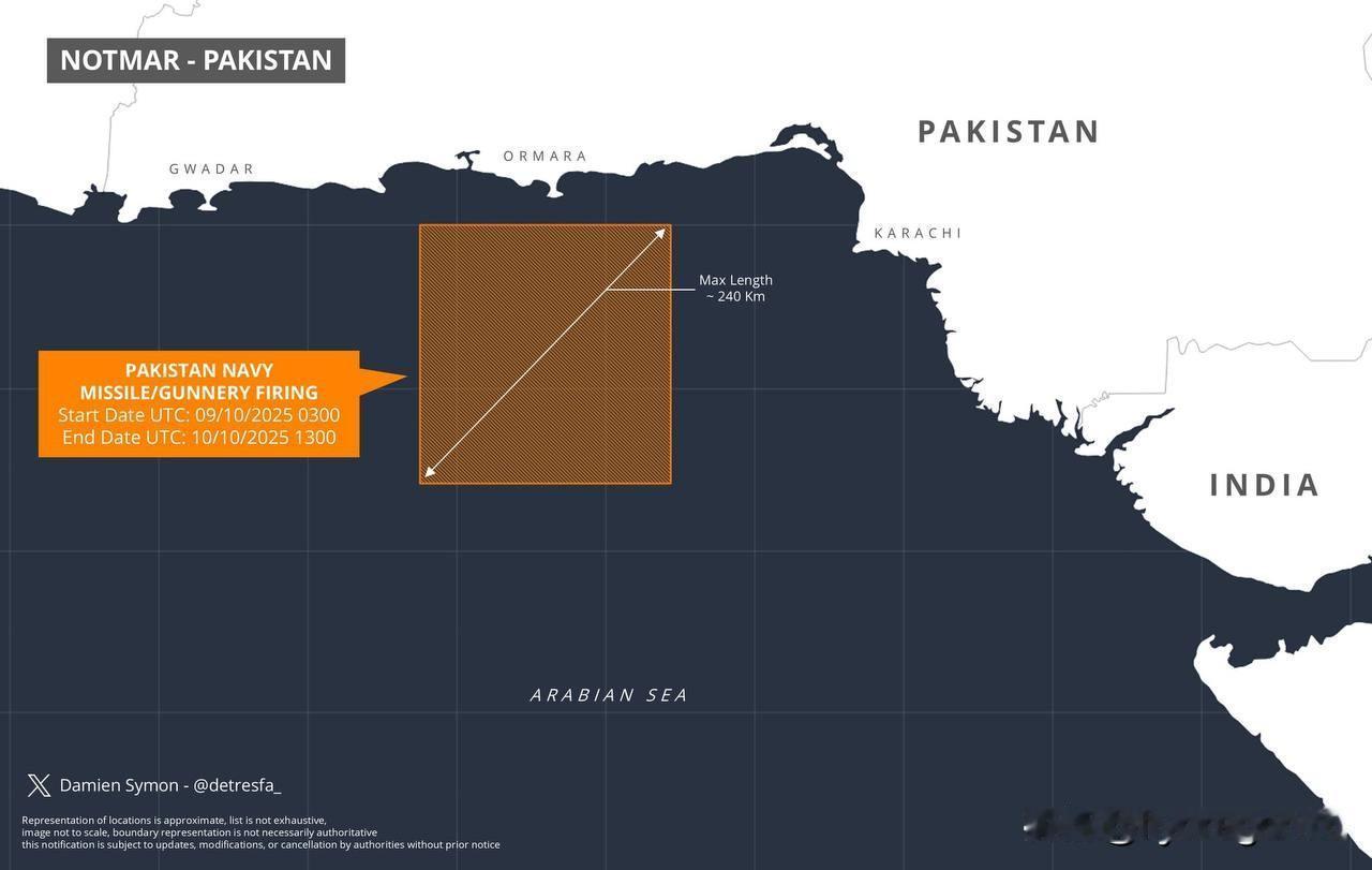 🇵🇰巴基斯坦海军计划于2025年10月9日至10日在阿拉伯海进行导弹发射，射