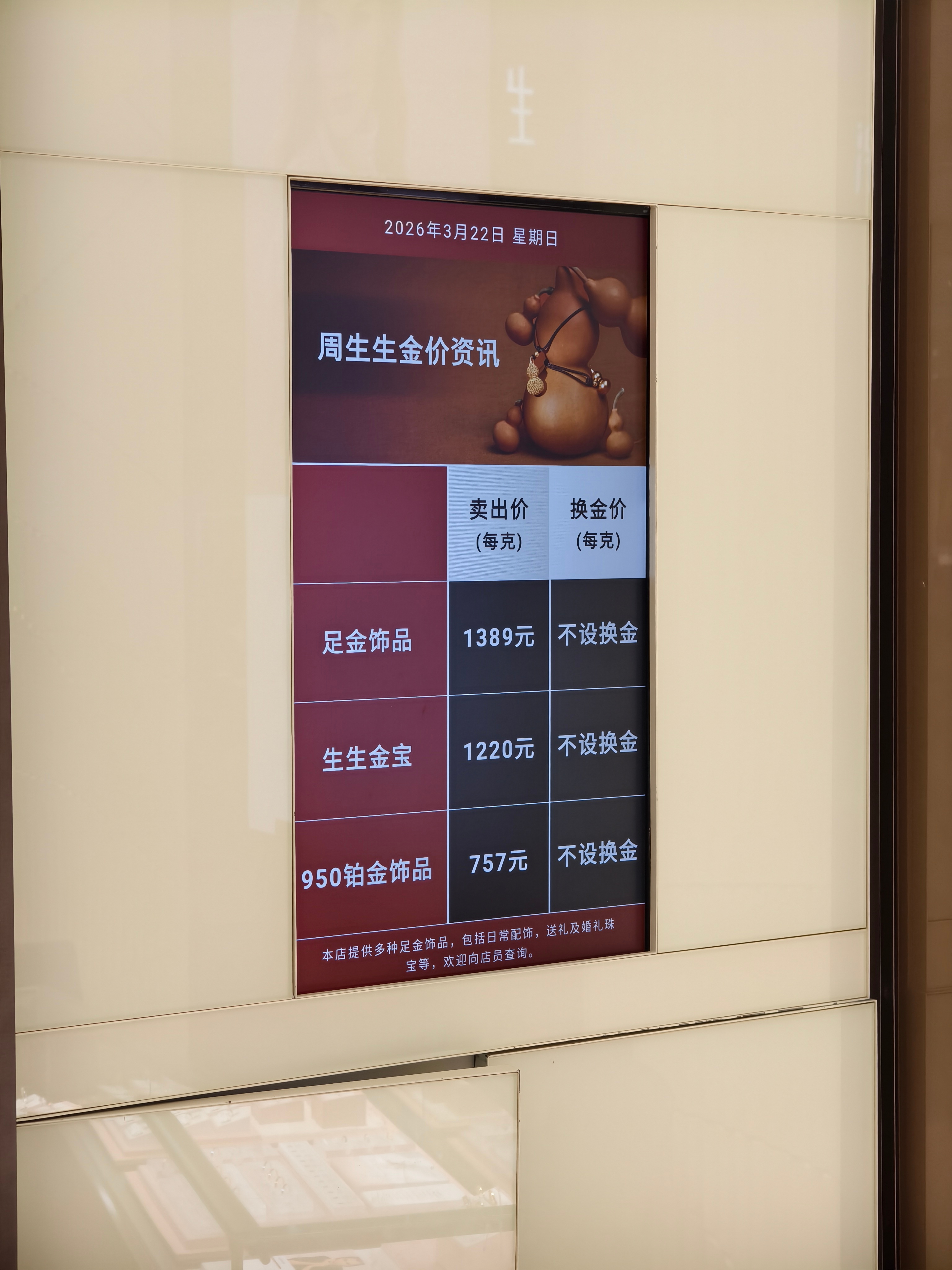 今天去金店买了个小物件，感觉……各家都挺冷清的，几乎没啥人，这还是周日。难怪，金