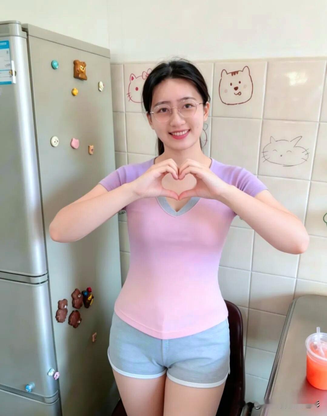 紫衣渐变色初匀，棉裤轻舒马尾新。手捧西瓜甘露饮，笑依冰柜驻青春。