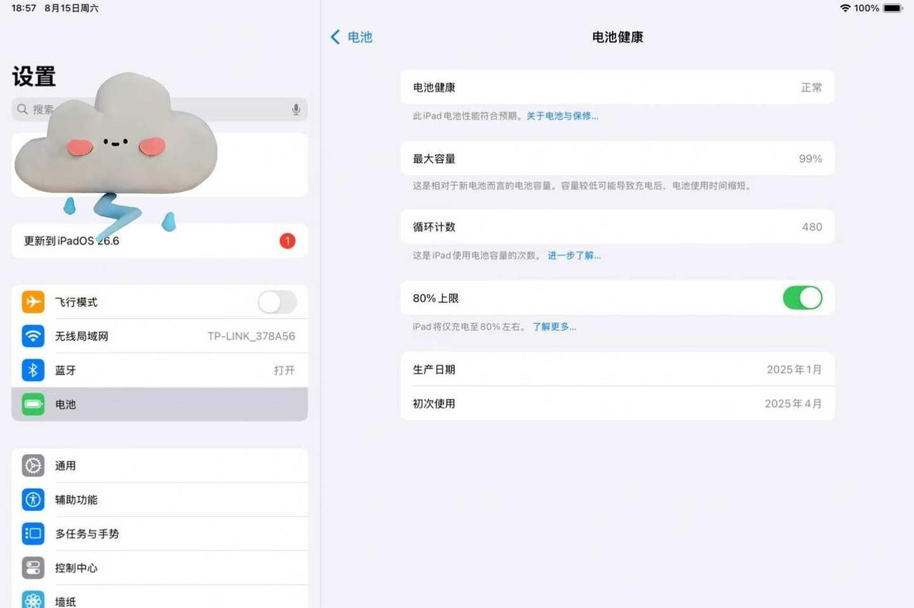 iPad air7电池🔋
维持了这么就的百分百电池健康终究还是掉了平板 延长电