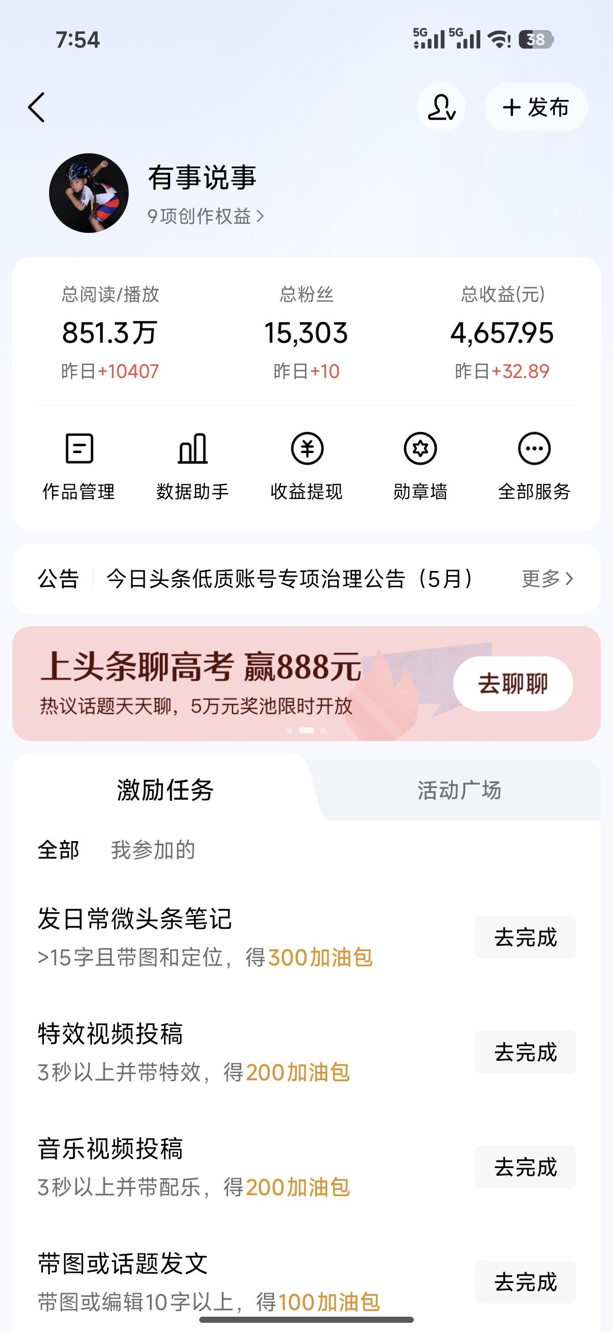 今日数据分析如下
 
该截图为今日头条创作者后台主页，账号整体数据清晰可查。账号