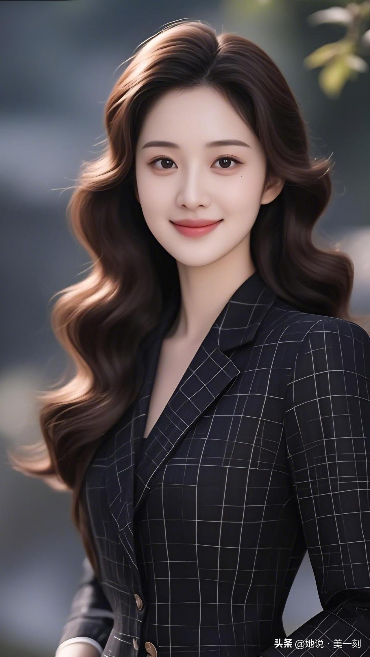 优雅职场女性，自信微笑，格纹西装，散发迷人魅力。女人最耐看的长相是什么样的