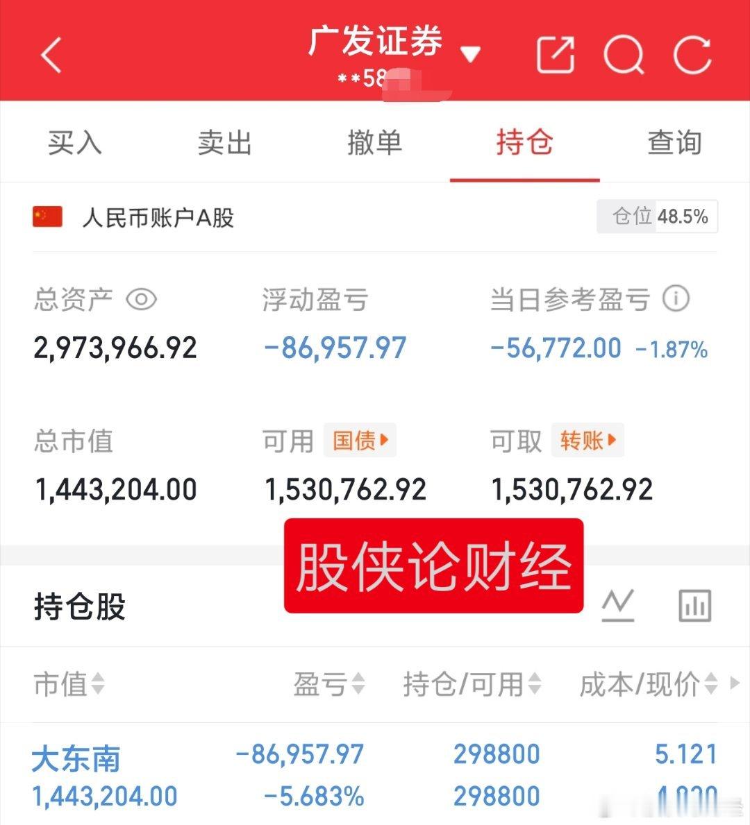 30万本金实盘记录（第211天）目前资金:2973966.92元今日持有:大东南