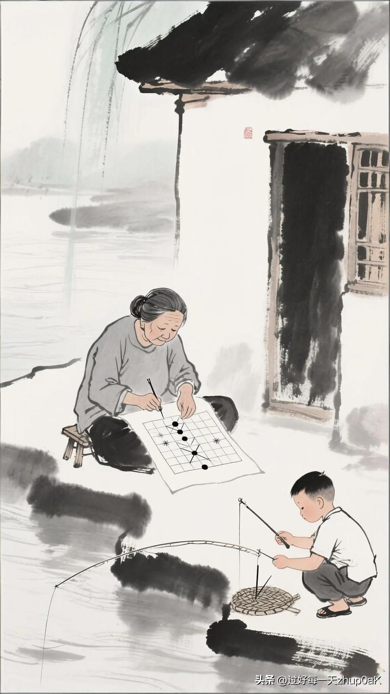 《江村》
——唐・杜甫
清江一曲抱村流，
长夏江村事事幽。
老妻画纸为棋局，
稚