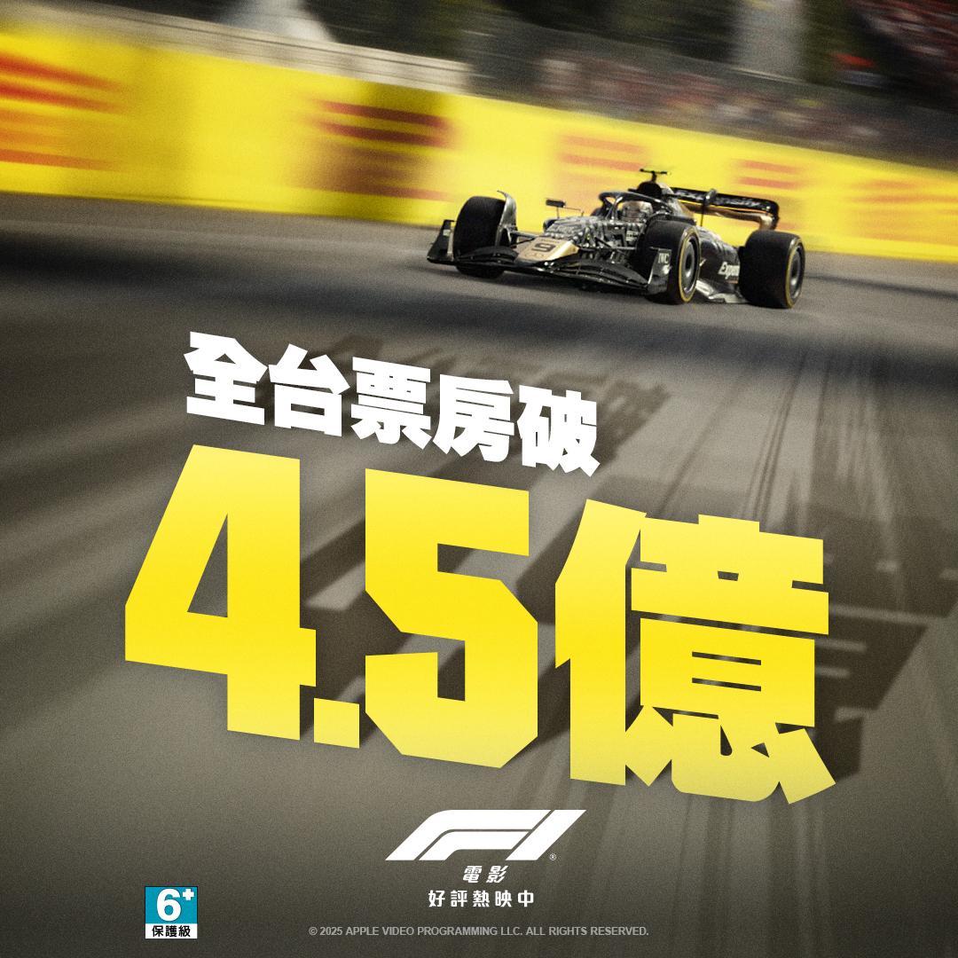 厉害了！F1狂飙飞车F1：狂飙飞车在台湾累计票房突破4.5亿新台币！超越《碟中谍