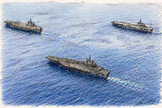 三艘航母挤在同一片海，这阵仗可以说十年难遇。

4月23号，美军中央司令部放话，