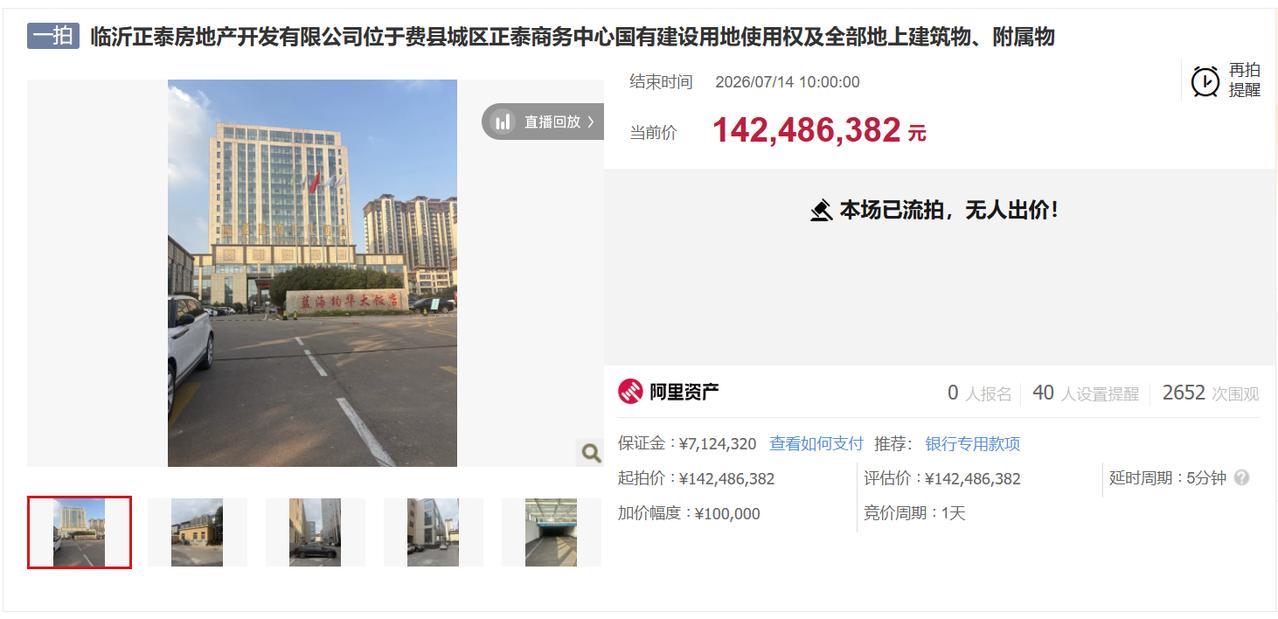 费县正泰商务中心一拍正式流拍！1.42亿起拍，两千多人围观，40人设置提醒，最终