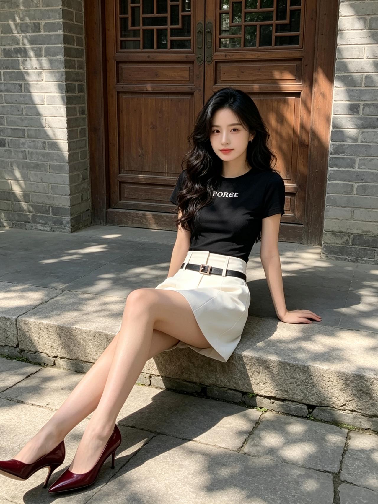 少女感穿搭的精髓是什么阳光洒在墙上的树影好温柔，黑白配简约又高级，这一刻的惬意谁