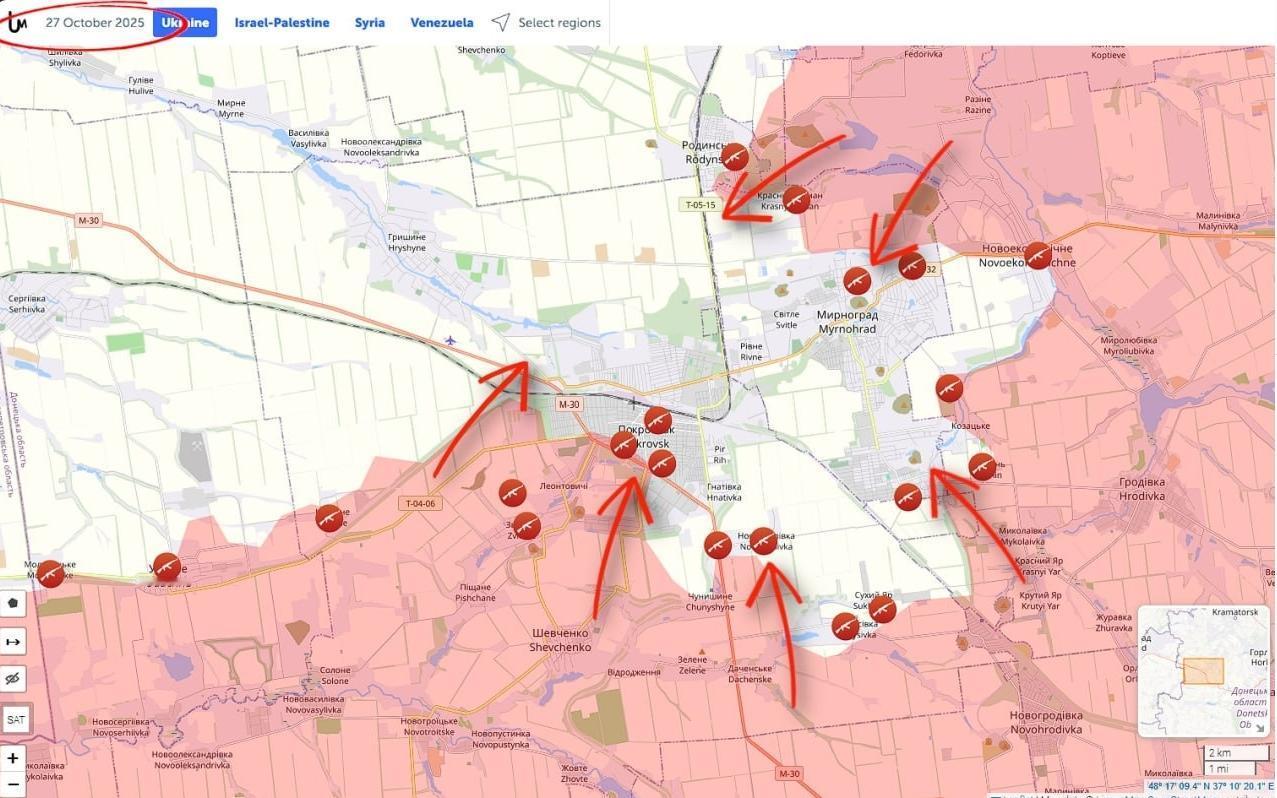 俄军在波克罗夫斯克压倒性突破乌克兰防线。就连亲乌克兰的"Live UA Map"