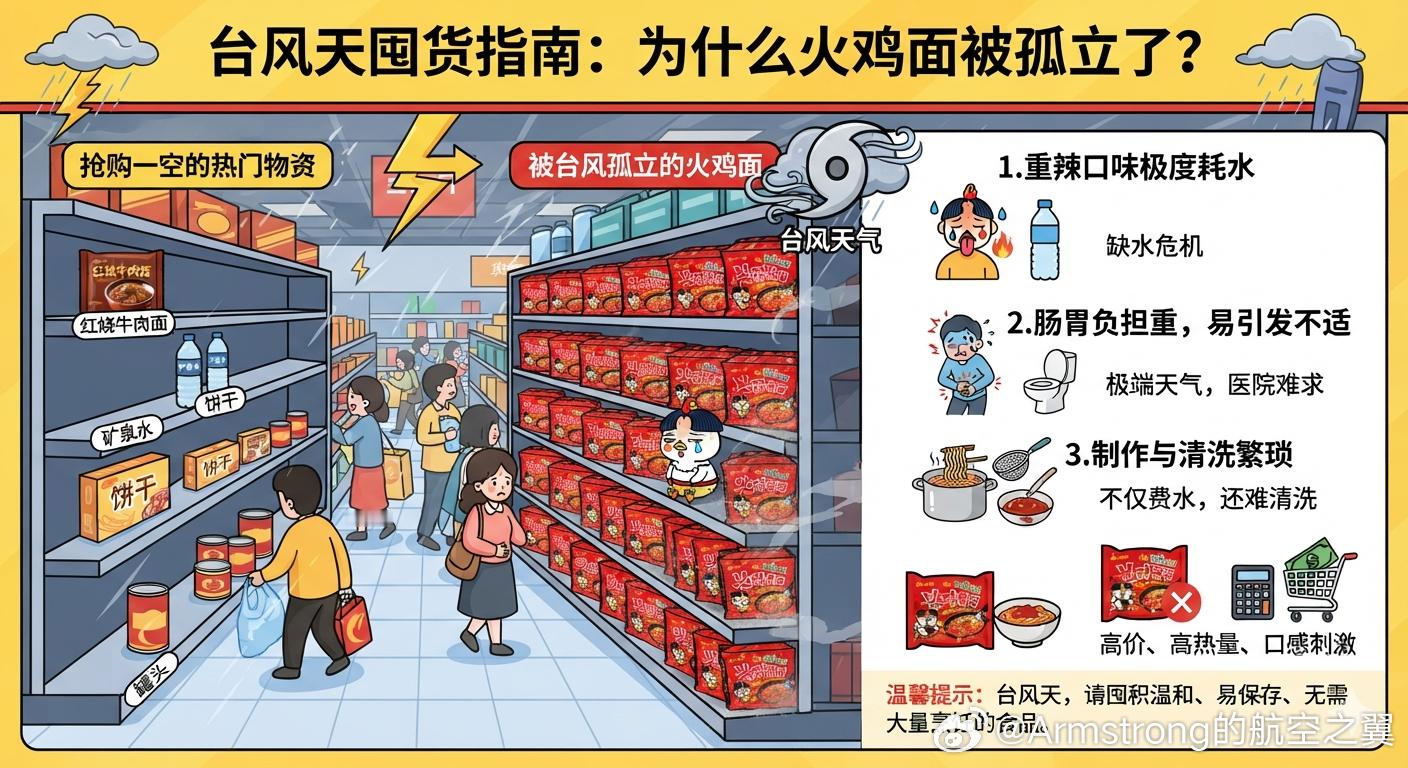 火鸡面被台风孤立了 大家在台风天气囤积物资时，超市货架上的红烧牛肉面等经典泡面被
