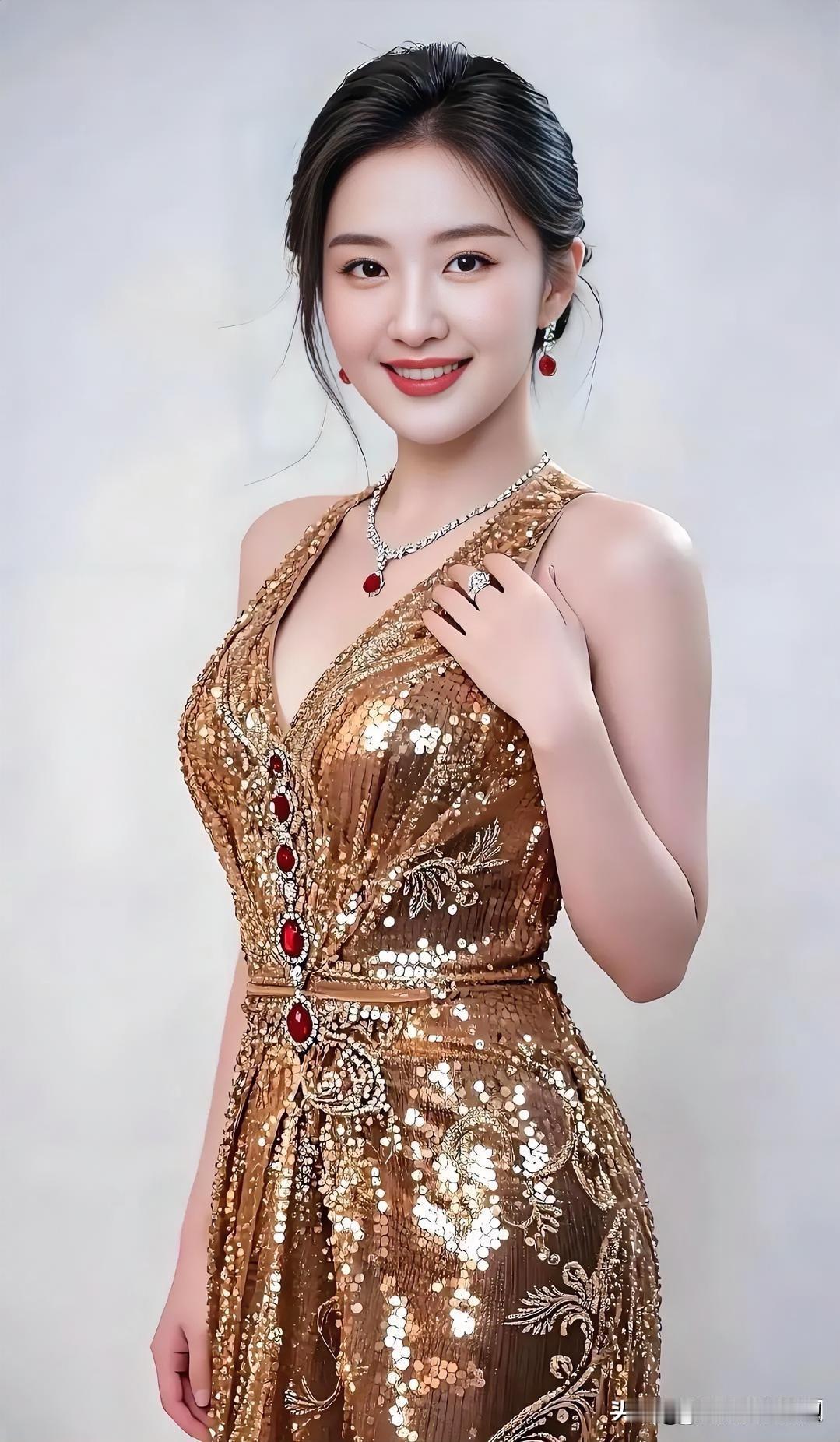 金箔织就流光长裙，红宝石点缀其间，如星子落入凡尘。青丝挽起温婉，笑意盈盈，在简约