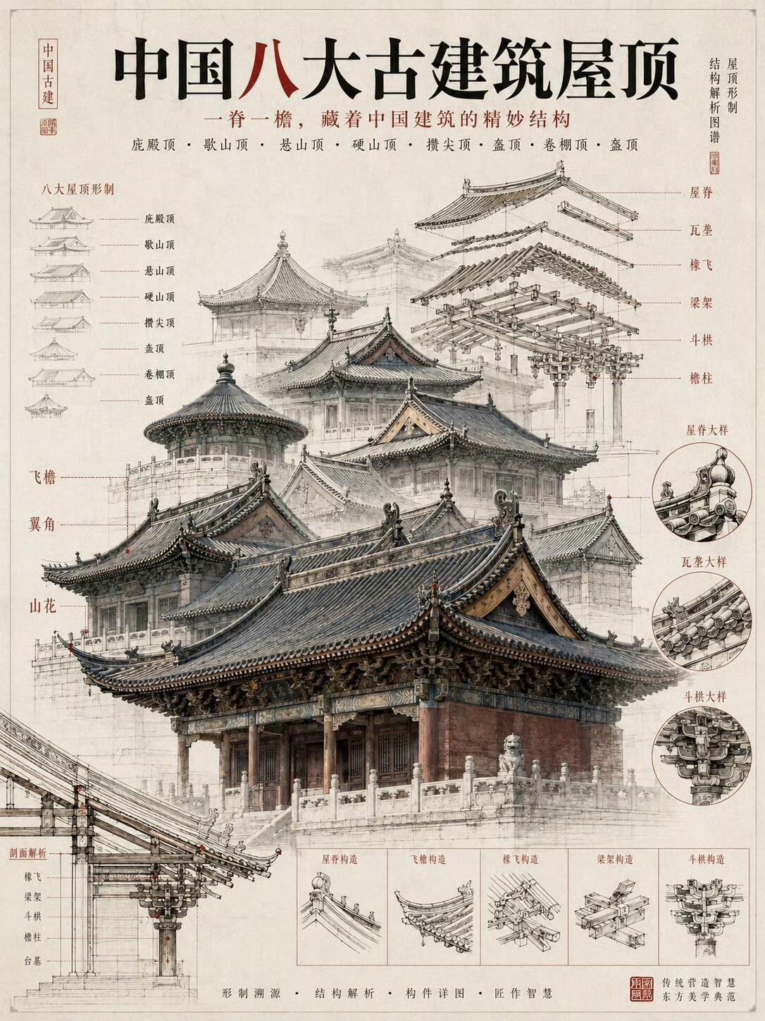 我们总惊叹古建筑飞檐翘角的美感，却很少留意屋顶的讲究。
 
同样是房子，屋顶不一
