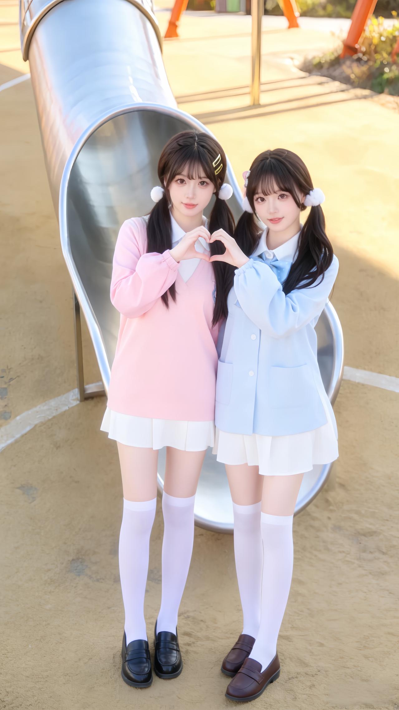 穿搭风格:甜系学院风
 
两位少女采用甜系学院风闺蜜穿搭，以马卡龙色系为主调形成