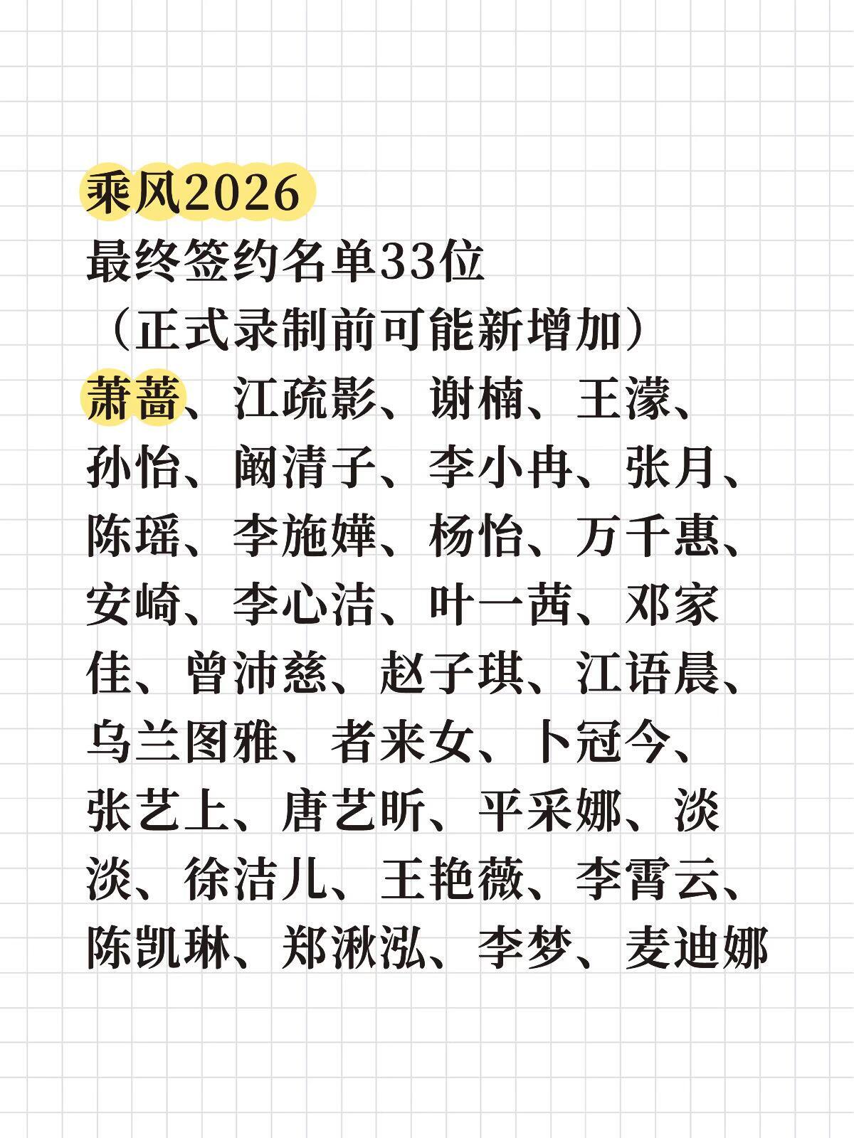 浪姐7录制名单乘风2026最终签约名单33位（正式录制前可能新增加）萧蔷、江疏影