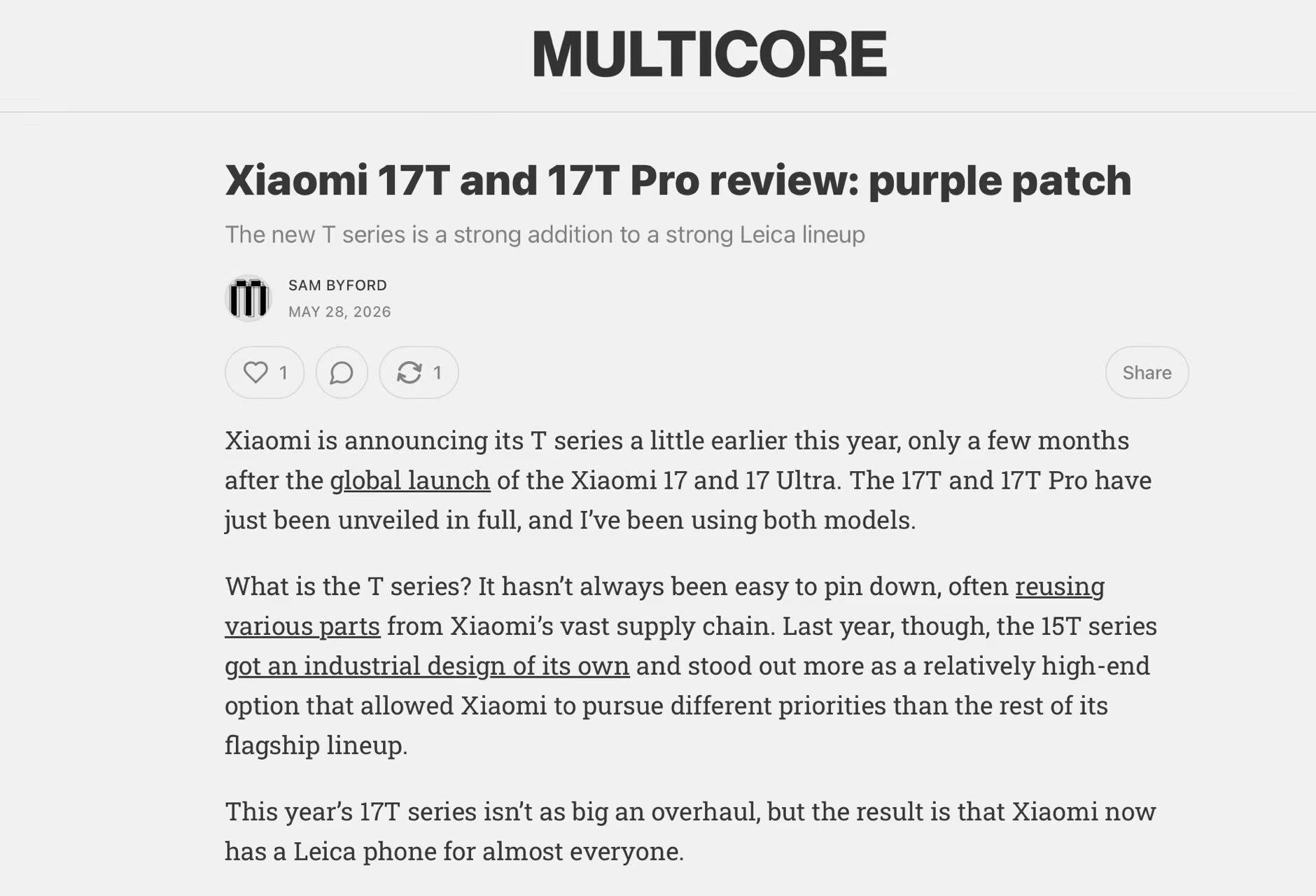 小米海外爆款机型小米17 T Pro可能要回国了！这个系列的回归挺有趣的，一方面