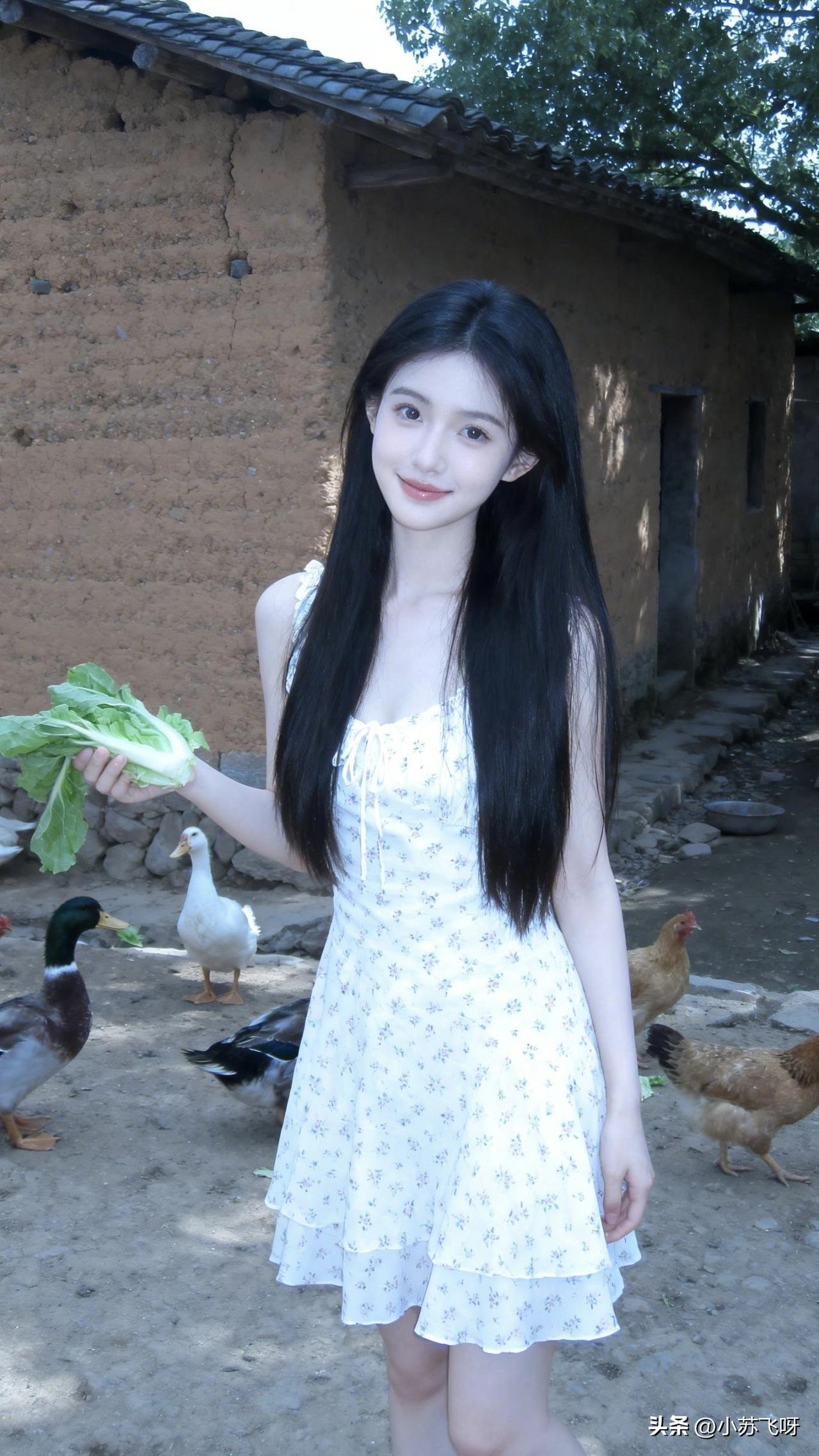 ：“邻家娇女立庭隅，素手轻捏菜满地。鸡鸭欢腾争啄食，娇羞浅笑韵如珠。”