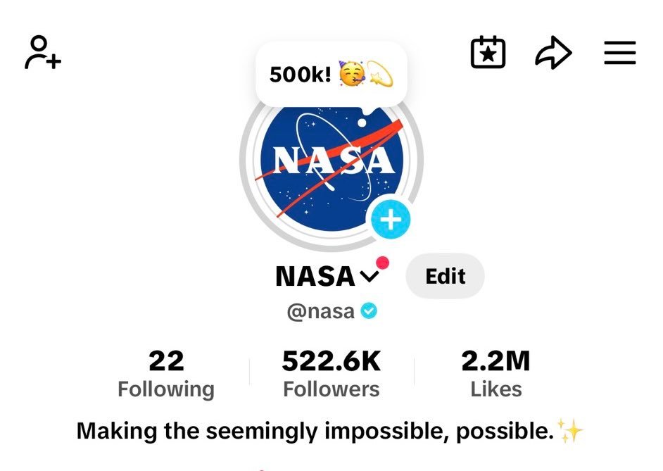 NASA在TikTok上开通账号，目前粉丝数已突破50万，而这还只是个开始！ 