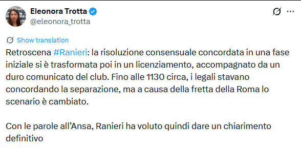 罗体Trotta报道了一个拉涅利离任的内幕消息：双方在最初阶段就协商解约达成了一