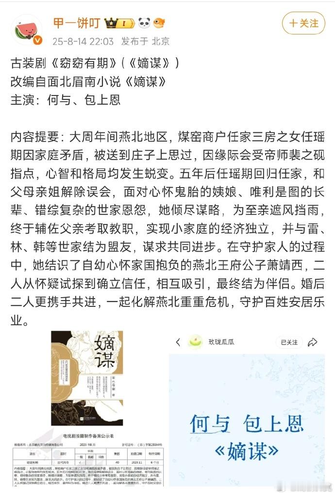 何与包上恩或将合作嫡谋何与包上恩或将合作《嫡谋》！先期待何与的待播剧《双轨》《百