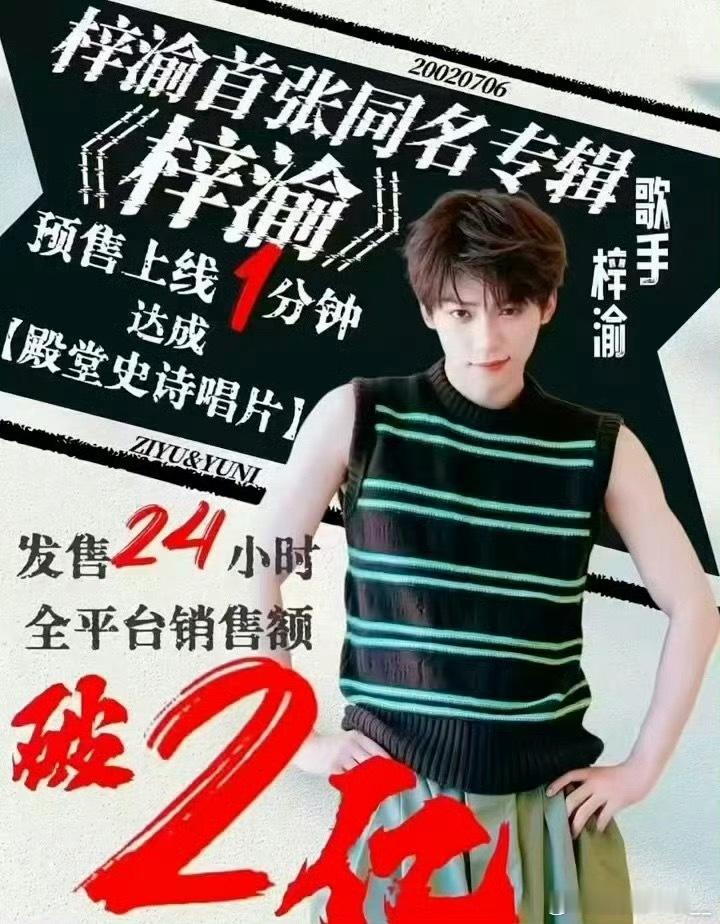 梓渝实体专辑首日销售额突破2亿，预售上线仅1分钟销售额便超5000万，登顶实体专