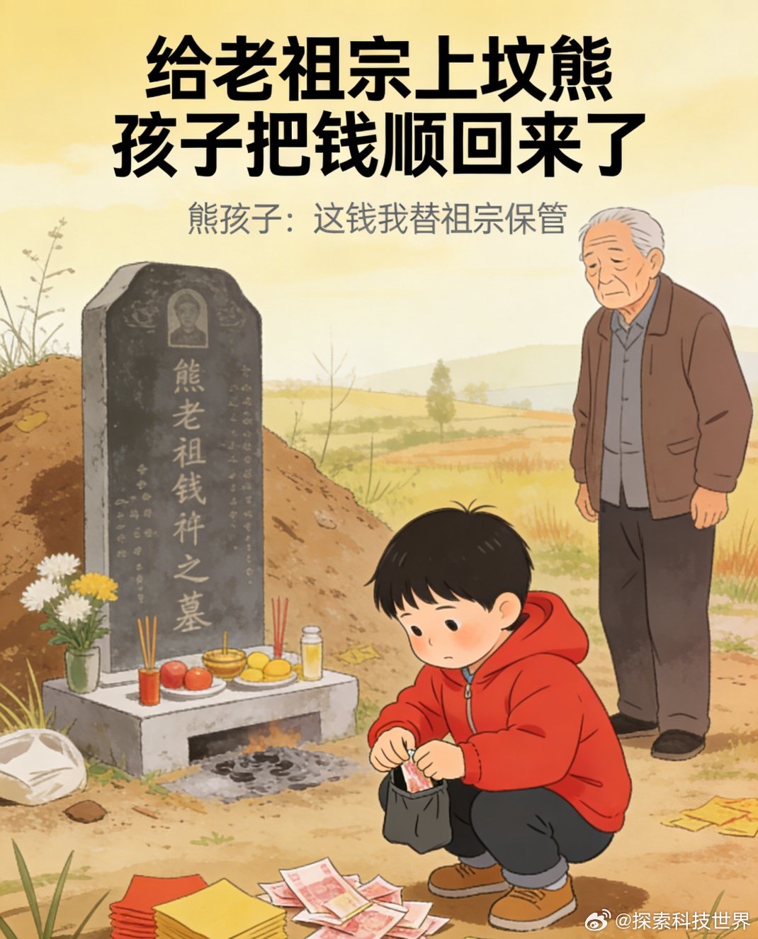 给老祖宗上坟熊孩子把钱顺回来了真的哭笑不得吧 不过如何教导孩子祭品和祭祀缘由也很