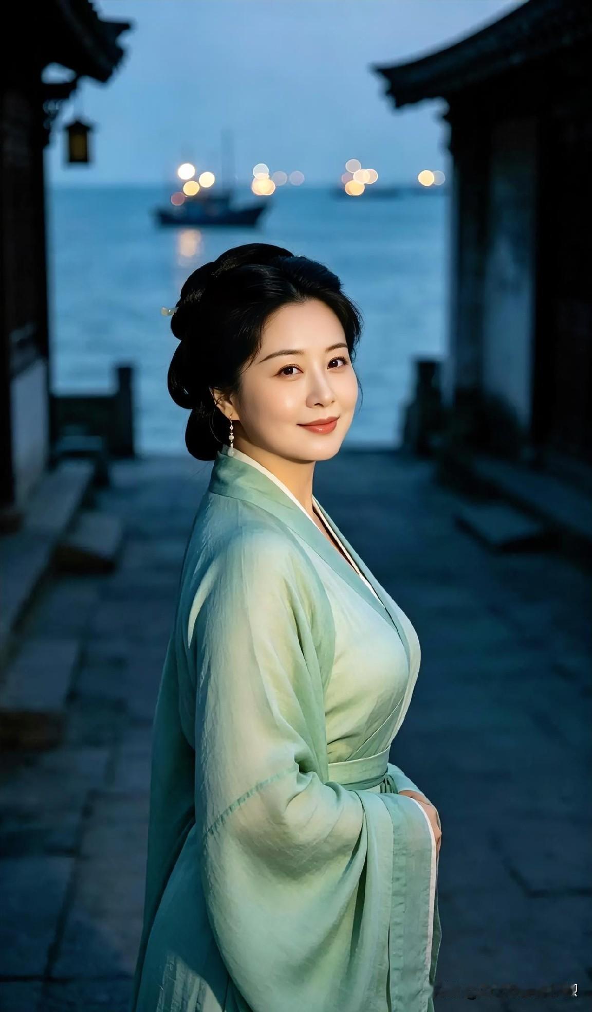 暮色水岸，青衣古装与远灯相映。温婉回眸间，尽显东方古典美学的宁静与诗意。