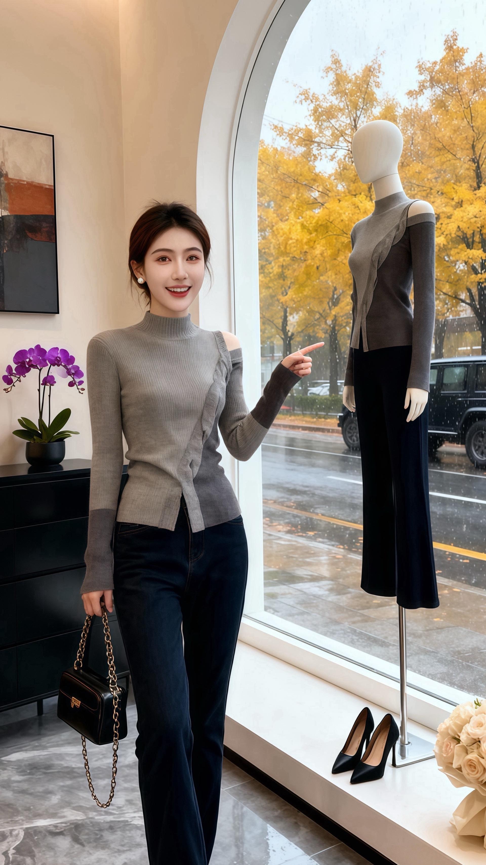秋日的雨轻轻打在女装店的落地窗上，许妍抱着泰迪犬“糯米”，在镜前打量着...