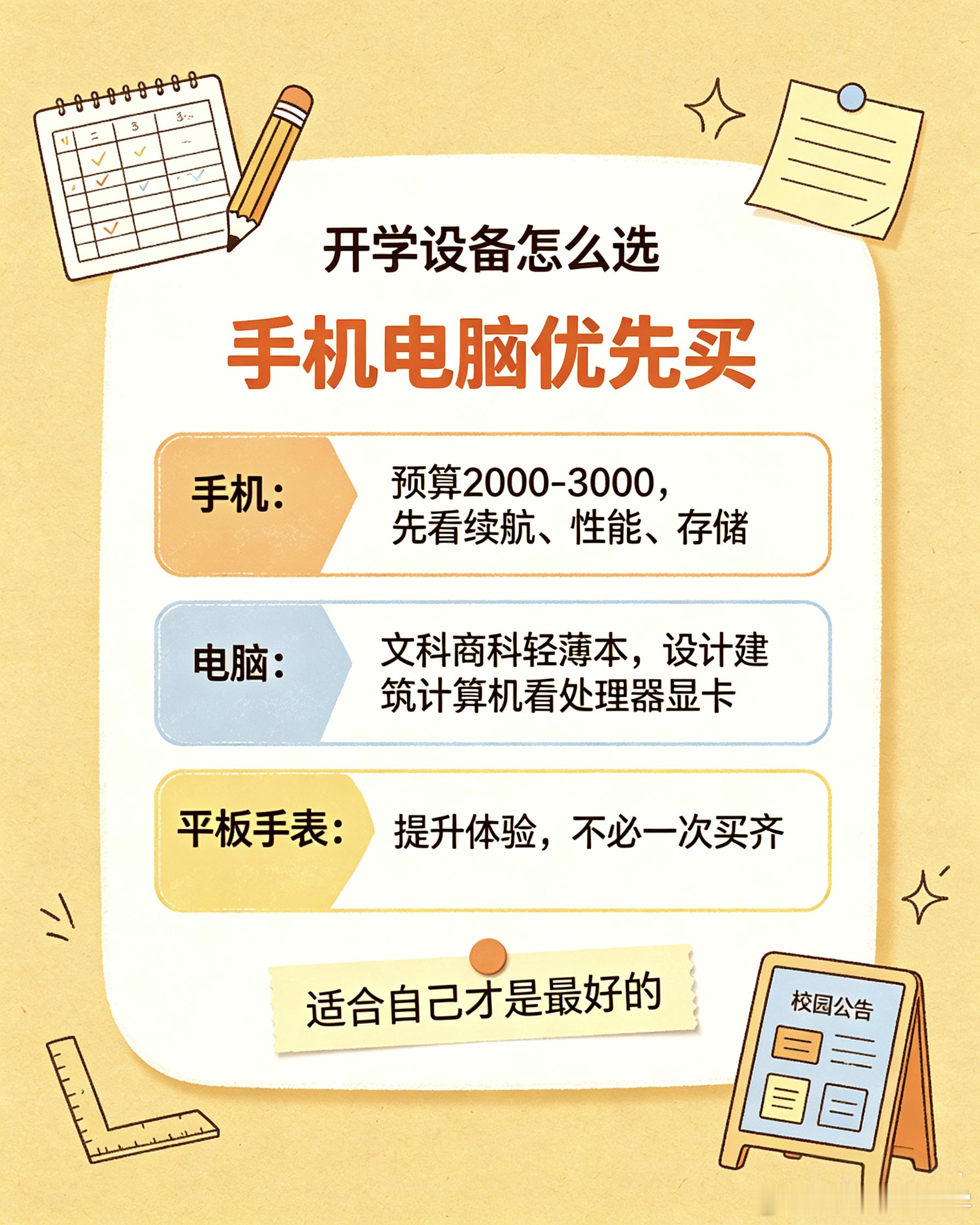 学生党开学设备应该怎么选如果预算有限，首先考虑手机和电脑，毕竟这俩关乎日常学习效
