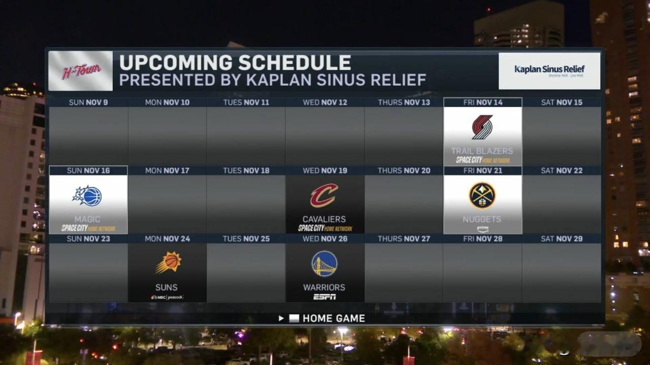 火箭11月还要对阵开拓者、魔术、骑士、掘金、太阳、勇士，相对来说还算可以，练级的