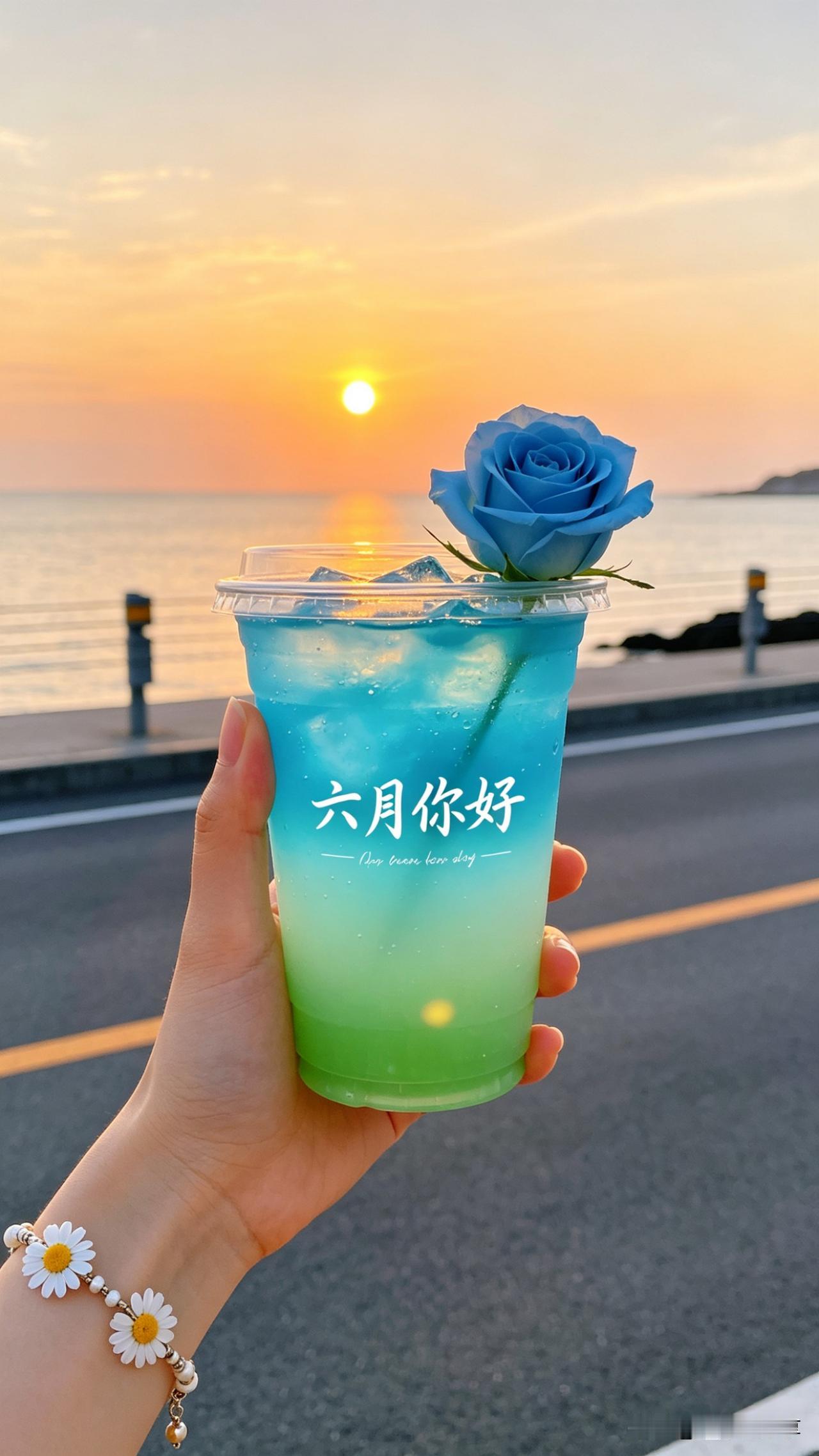 鹧鸪天·六月你好

碧海斜阳染暮霞，冰蓝玉露沁心涯。
青瓷杯里藏春色，一朵幽蓝胜